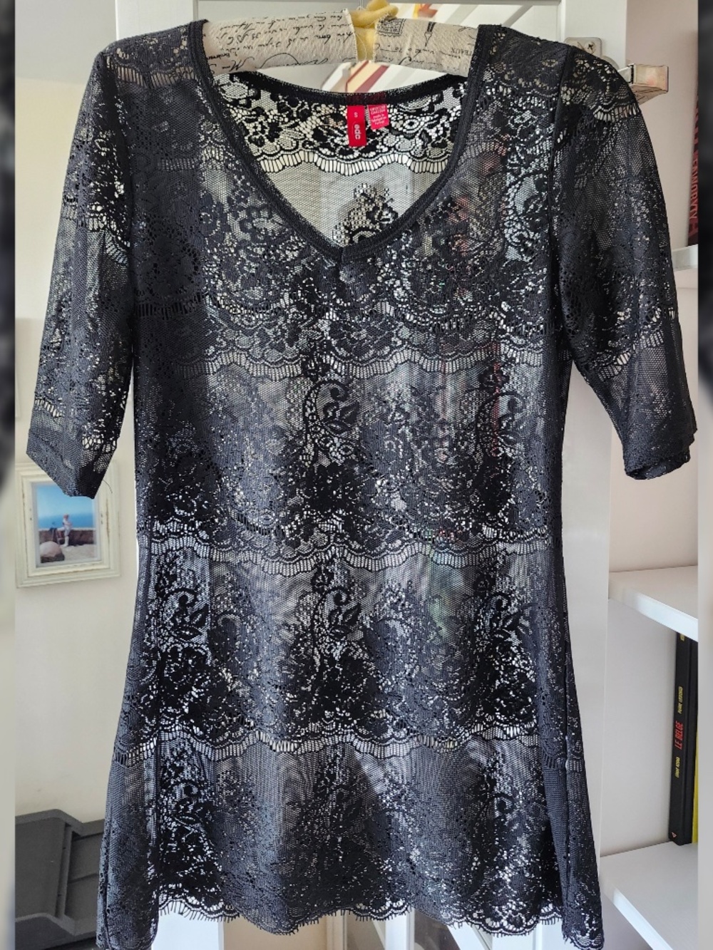 Women's black lace short sleeve top by EDC - Small